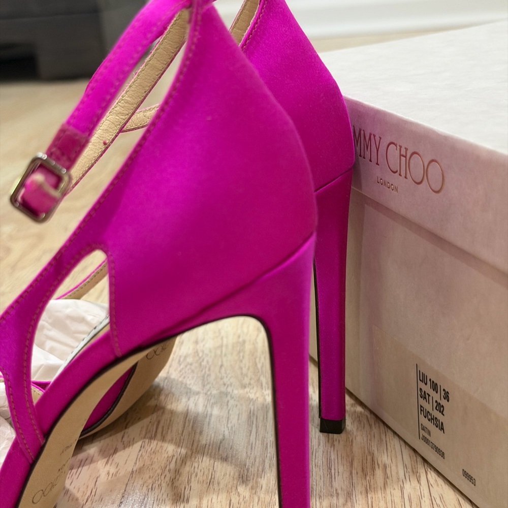 Jimmy Choo Fuchsia Satin Open-Toe Ankle-Strap Heels - Picture 4 of 7